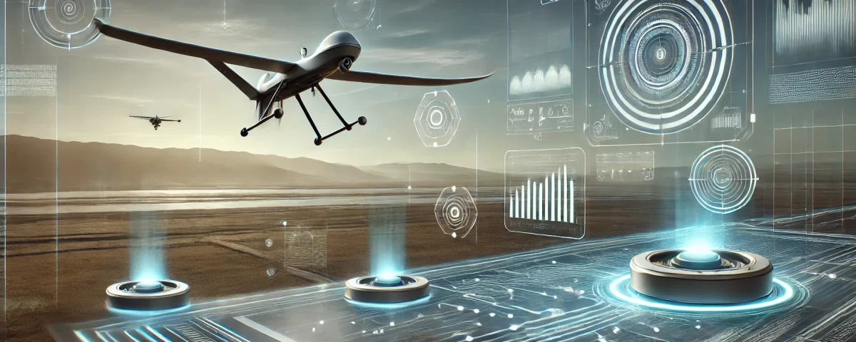 A high tech fixed wing UAV hovering in the air transmitting real time video and data to a ground control station